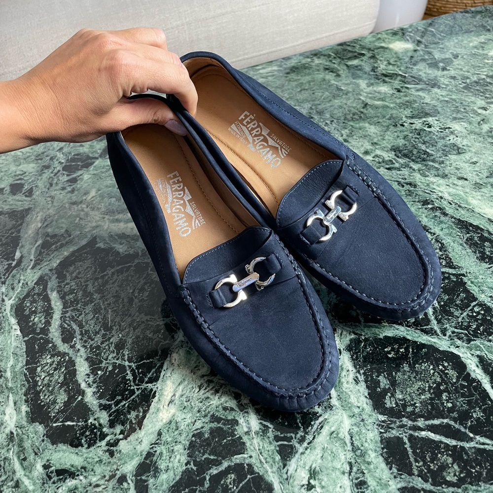 S. FERRAGAMO Navy Suede Burra Diver Loafers